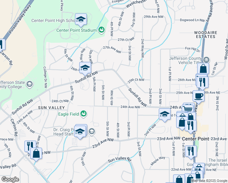 map of restaurants, bars, coffee shops, grocery stores, and more near 2425 4th Street Northwest in Center Point