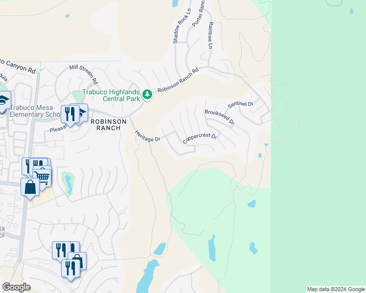 map of restaurants, bars, coffee shops, grocery stores, and more near 21423 Birdhollow Drive in Trabuco Canyon