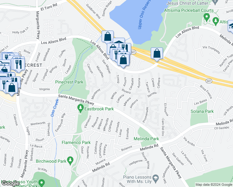 map of restaurants, bars, coffee shops, grocery stores, and more near 21432 Bastia in Mission Viejo