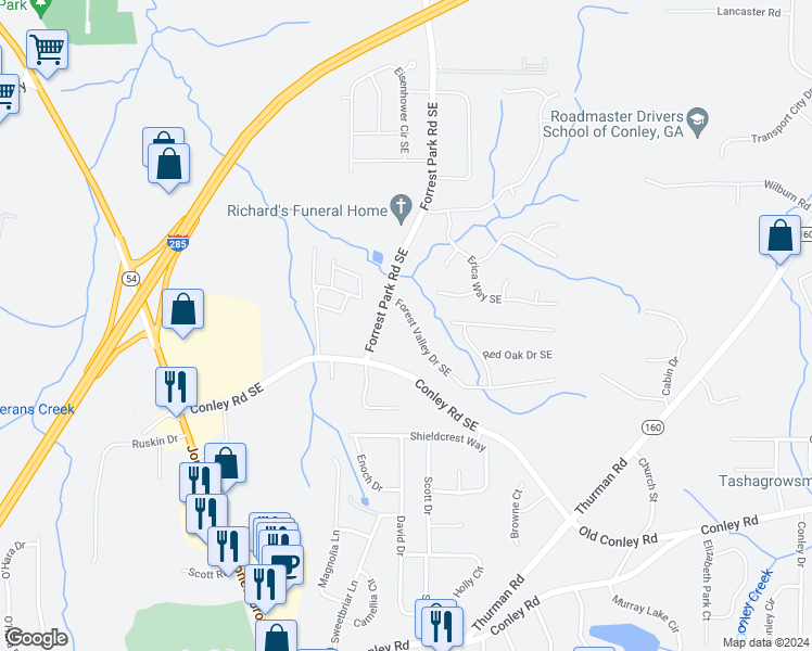 map of restaurants, bars, coffee shops, grocery stores, and more near 1034 Forest Valley Drive Southeast in Atlanta