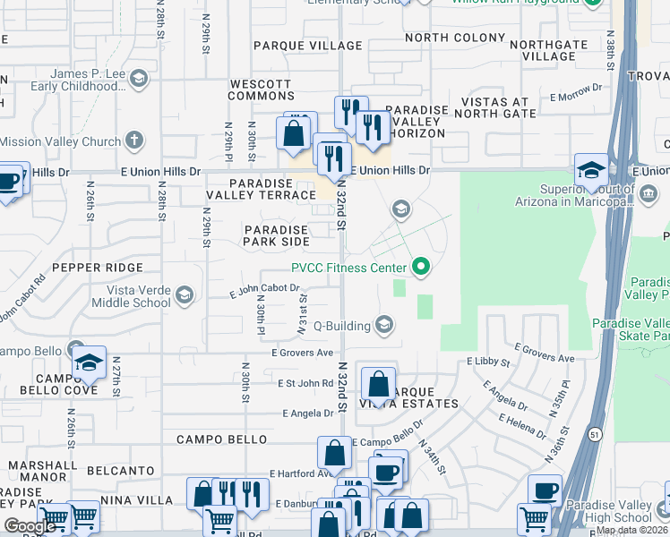 map of restaurants, bars, coffee shops, grocery stores, and more near 18039 North 31st Place in Phoenix