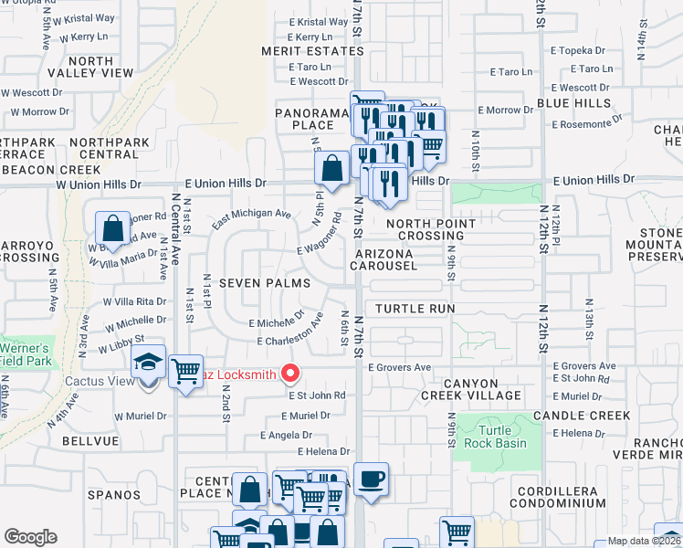 map of restaurants, bars, coffee shops, grocery stores, and more near 524 East Michigan Avenue in Phoenix