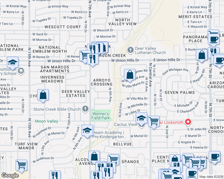 map of restaurants, bars, coffee shops, grocery stores, and more near 18059 North 5th Avenue in Phoenix