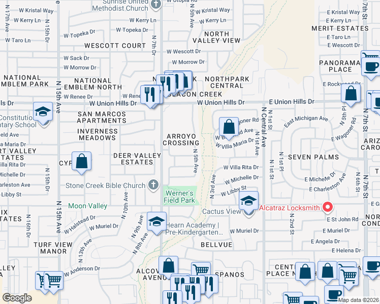 map of restaurants, bars, coffee shops, grocery stores, and more near 18059 North 5th Avenue in Phoenix