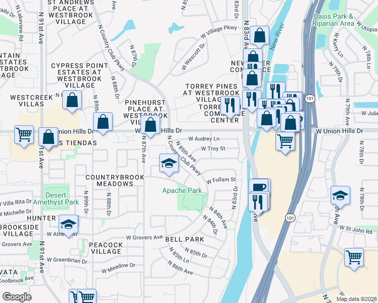 map of restaurants, bars, coffee shops, grocery stores, and more near 8455 West Troy Street in Peoria