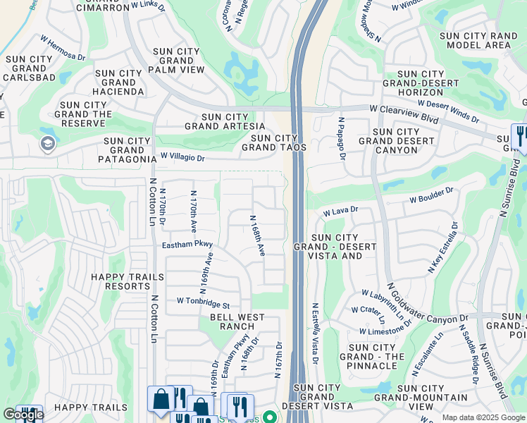 map of restaurants, bars, coffee shops, grocery stores, and more near 16784 West Aberdeen Drive in Surprise