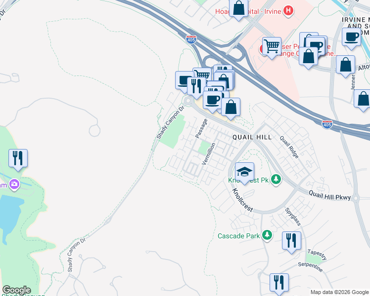 map of restaurants, bars, coffee shops, grocery stores, and more near 165 Stepping Stone in Irvine