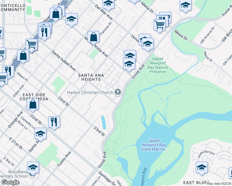 map of restaurants, bars, coffee shops, grocery stores, and more near 2414 Bonnie Place in Costa Mesa