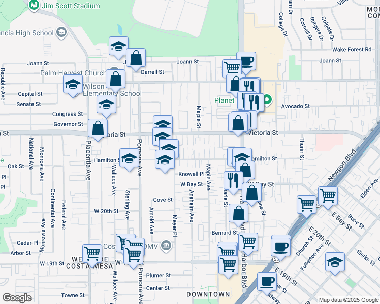 map of restaurants, bars, coffee shops, grocery stores, and more near 610 Hamilton Street in Costa Mesa