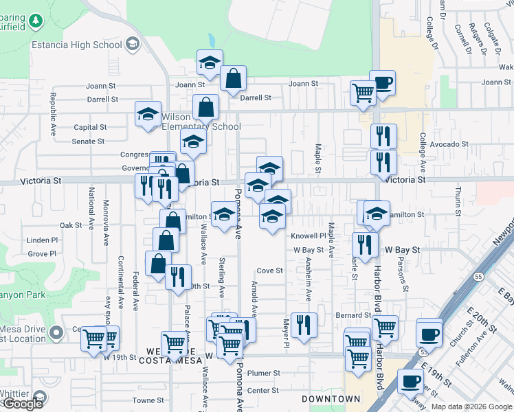map of restaurants, bars, coffee shops, grocery stores, and more near 2115 Harper Way in Costa Mesa