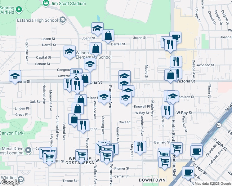 map of restaurants, bars, coffee shops, grocery stores, and more near 2115 Harper Way in Costa Mesa