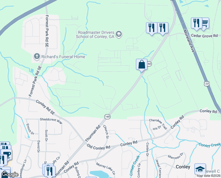 map of restaurants, bars, coffee shops, grocery stores, and more near 1094 Cabin Drive in Conley