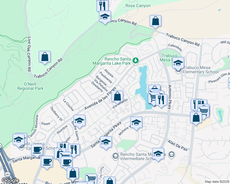 map of restaurants, bars, coffee shops, grocery stores, and more near 1 Arboles Loop in Rancho Santa Margarita