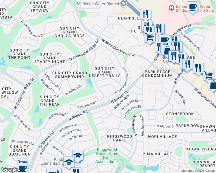 map of restaurants, bars, coffee shops, grocery stores, and more near 14977 West Walking Stick Way in Surprise