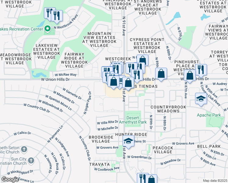 map of restaurants, bars, coffee shops, grocery stores, and more near 9245 West Union Hills Drive in Peoria