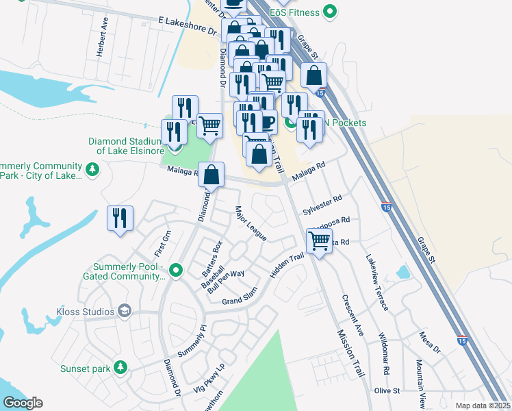 map of restaurants, bars, coffee shops, grocery stores, and more near 29590 Rawlings Way in Lake Elsinore