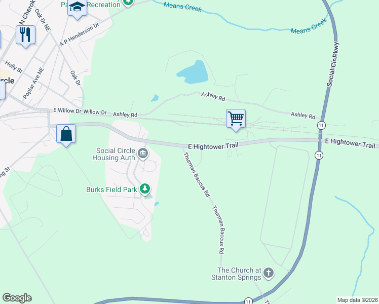 map of restaurants, bars, coffee shops, grocery stores, and more near 873 East Hightower Trail in Social Circle
