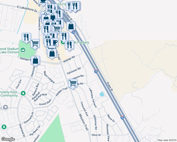 map of restaurants, bars, coffee shops, grocery stores, and more near 32310 Lakeview Terrace in Lake Elsinore