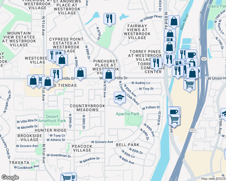 map of restaurants, bars, coffee shops, grocery stores, and more near 18441 North 87th Avenue in Peoria