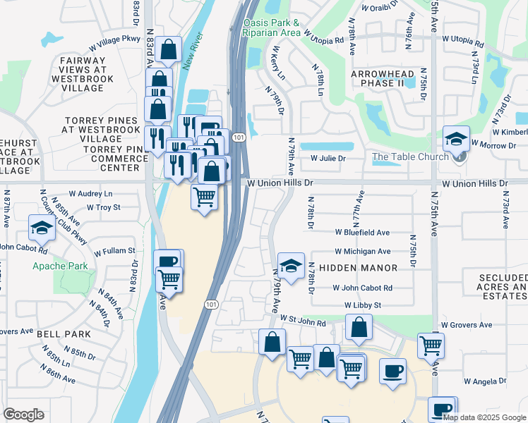 map of restaurants, bars, coffee shops, grocery stores, and more near 18555 North 79th Avenue in Glendale