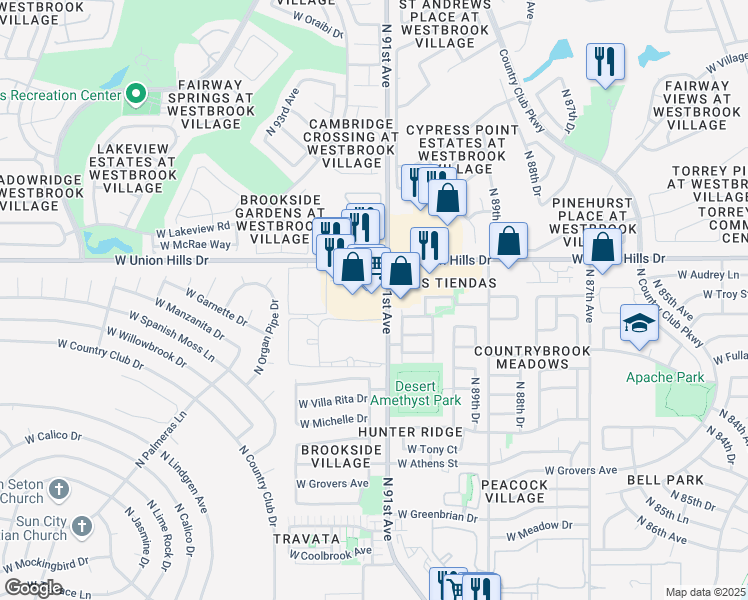 map of restaurants, bars, coffee shops, grocery stores, and more near 9245 West Union Hills Drive in Peoria