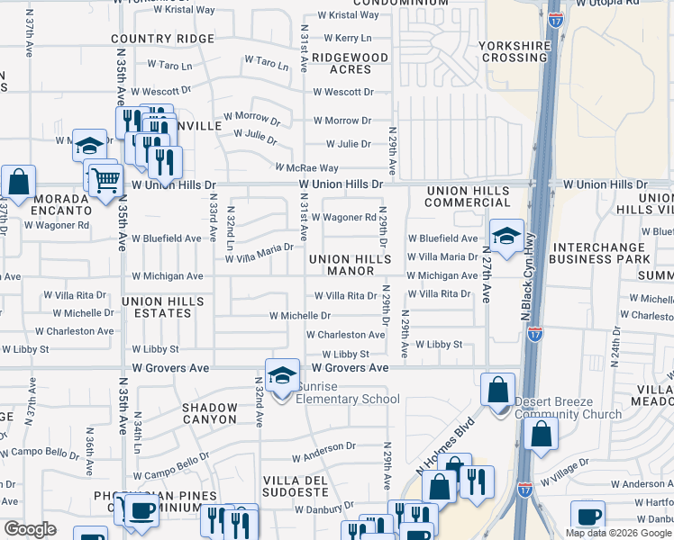 map of restaurants, bars, coffee shops, grocery stores, and more near 3014 West Michigan Avenue in Phoenix