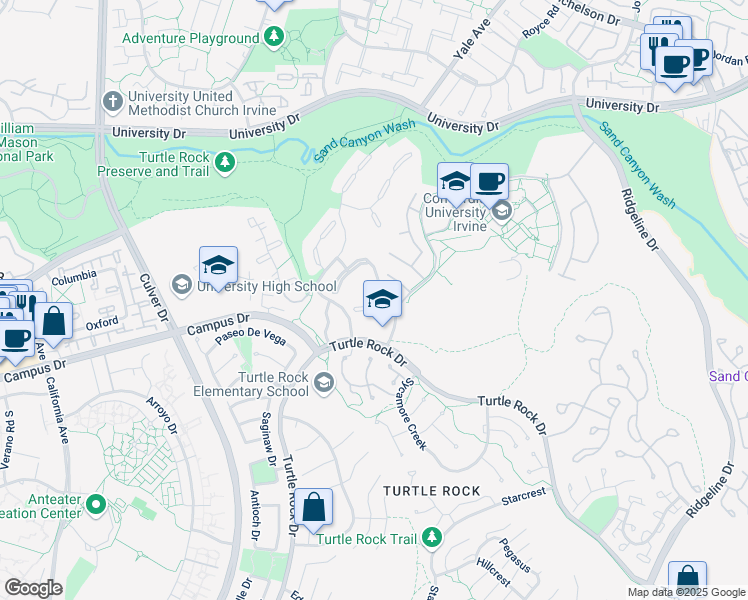 map of restaurants, bars, coffee shops, grocery stores, and more near 44 Rocky Knoll in Irvine