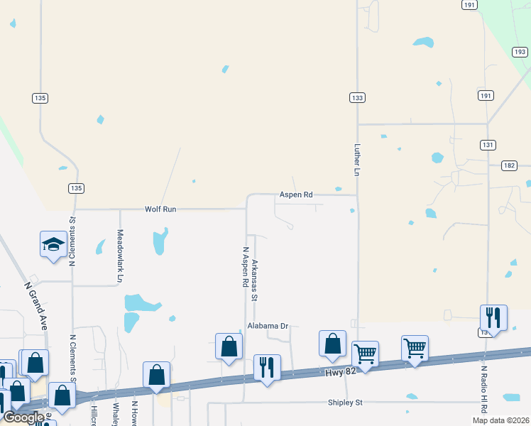 map of restaurants, bars, coffee shops, grocery stores, and more near 2208 North Aspen Road in Gainesville