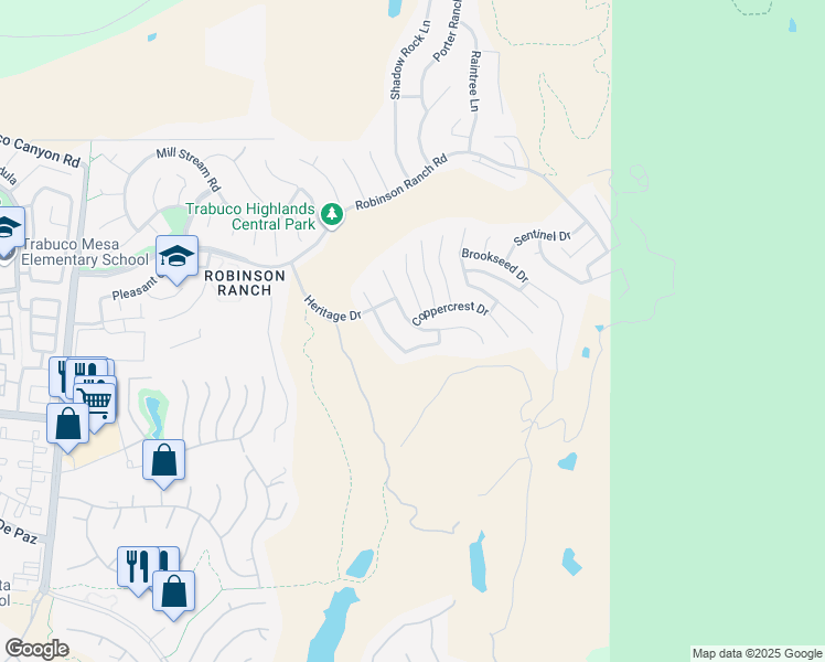 map of restaurants, bars, coffee shops, grocery stores, and more near 21423 Birdhollow Drive in Trabuco Canyon