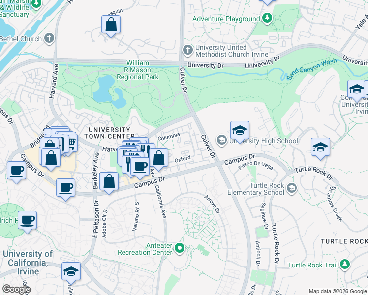 map of restaurants, bars, coffee shops, grocery stores, and more near 28 Columbia in Irvine