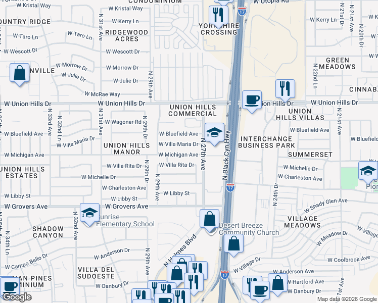 map of restaurants, bars, coffee shops, grocery stores, and more near 2745 West Michigan Avenue in Phoenix