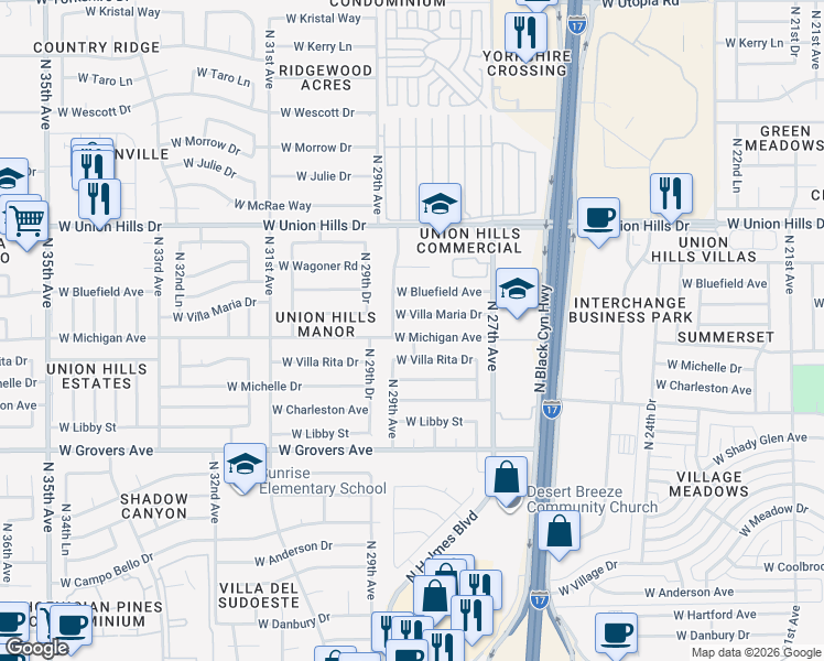 map of restaurants, bars, coffee shops, grocery stores, and more near 2833 West Michigan Avenue in Phoenix