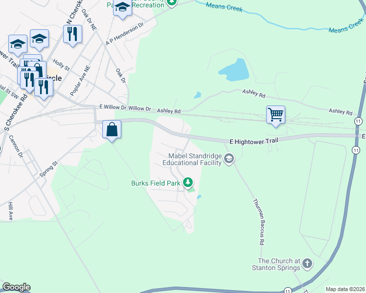 map of restaurants, bars, coffee shops, grocery stores, and more near 202 Dove Place in Social Circle