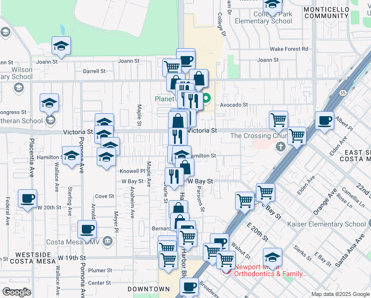 map of restaurants, bars, coffee shops, grocery stores, and more near 2101 Harbor Boulevard in Costa Mesa