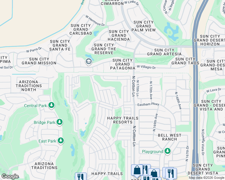 map of restaurants, bars, coffee shops, grocery stores, and more near North Nellie Belle in Surprise