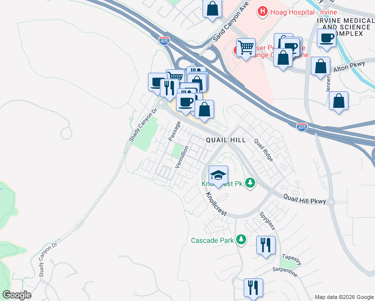 map of restaurants, bars, coffee shops, grocery stores, and more near 48 Vermillion in Irvine