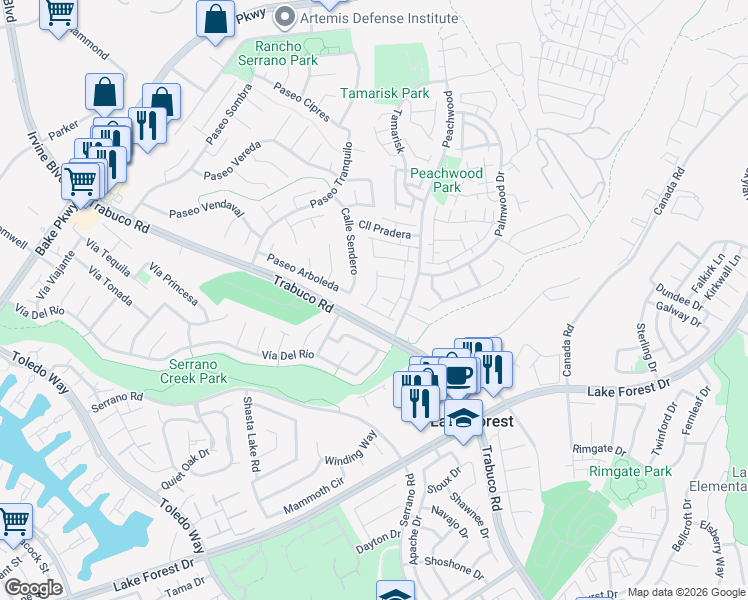 map of restaurants, bars, coffee shops, grocery stores, and more near 21466 Cypresswood in Lake Forest