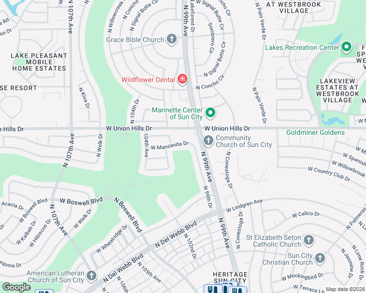 map of restaurants, bars, coffee shops, grocery stores, and more near 18406 North 99th Drive in Sun City