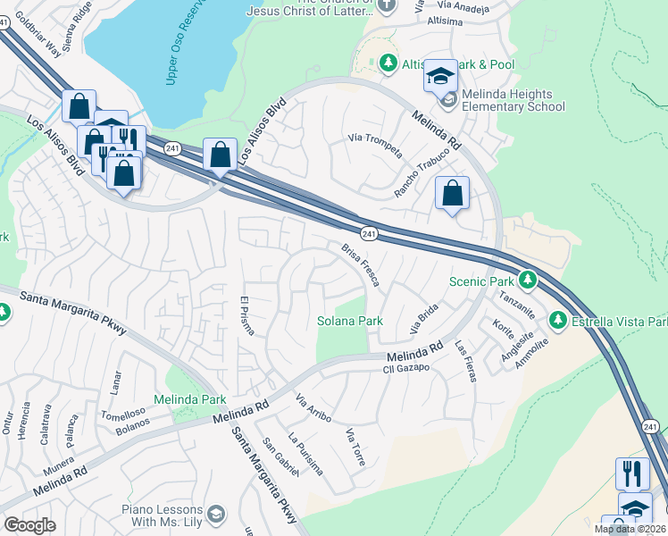 map of restaurants, bars, coffee shops, grocery stores, and more near 21 Mira Segura in Rancho Santa Margarita