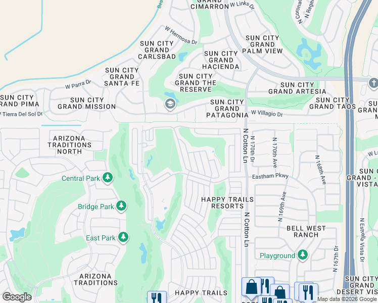 map of restaurants, bars, coffee shops, grocery stores, and more near 18356 North Mule Skinner in Surprise