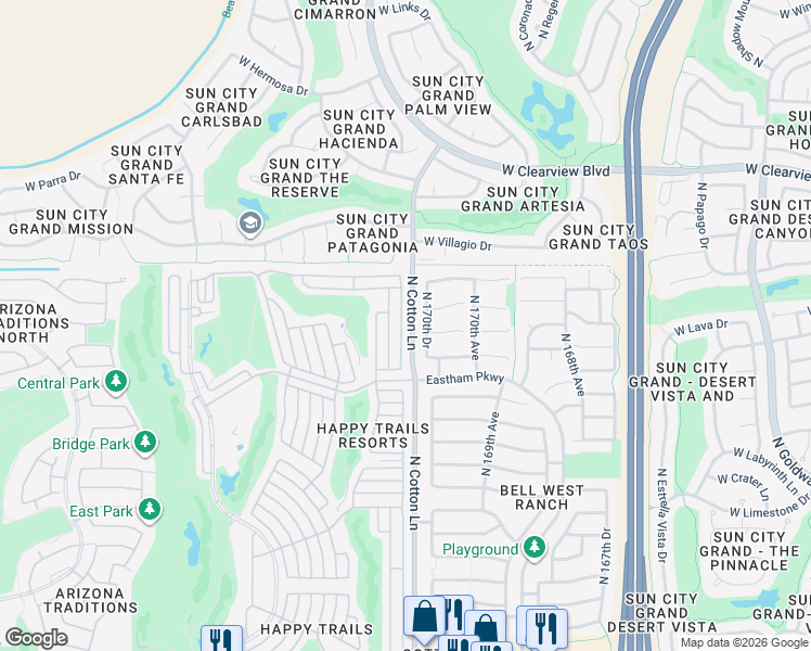 map of restaurants, bars, coffee shops, grocery stores, and more near 18266 North 170th Lane in Surprise
