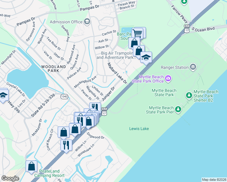 map of restaurants, bars, coffee shops, grocery stores, and more near 548 Juniper Drive in Myrtle Beach