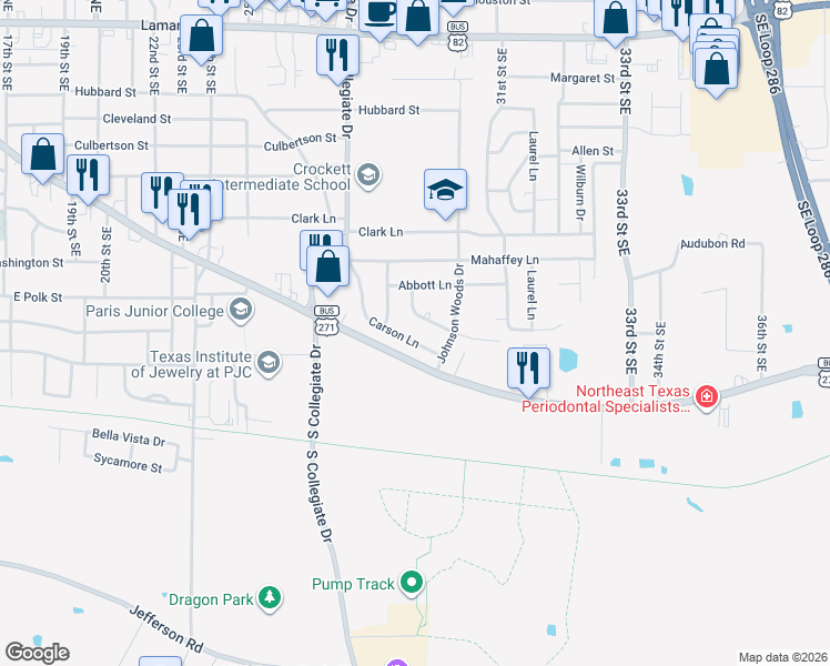 map of restaurants, bars, coffee shops, grocery stores, and more near 3001 Carson Lane in Paris