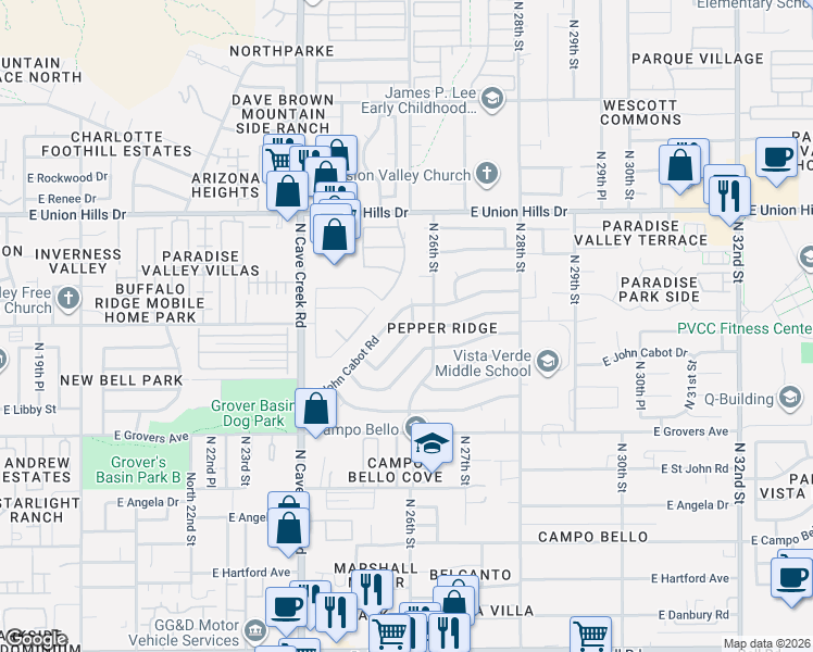 map of restaurants, bars, coffee shops, grocery stores, and more near 18034 North 26th Street in Phoenix