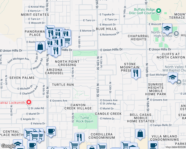 map of restaurants, bars, coffee shops, grocery stores, and more near 1124 East Villa Rita Drive in Phoenix
