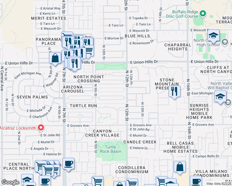 map of restaurants, bars, coffee shops, grocery stores, and more near 1018 East Villa Rita Drive in Phoenix