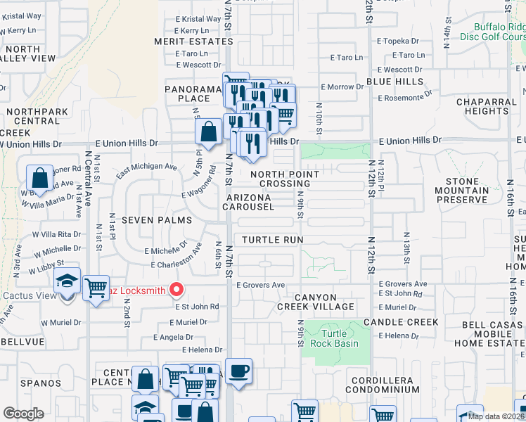 map of restaurants, bars, coffee shops, grocery stores, and more near 802 East Villa Rita Drive in Phoenix