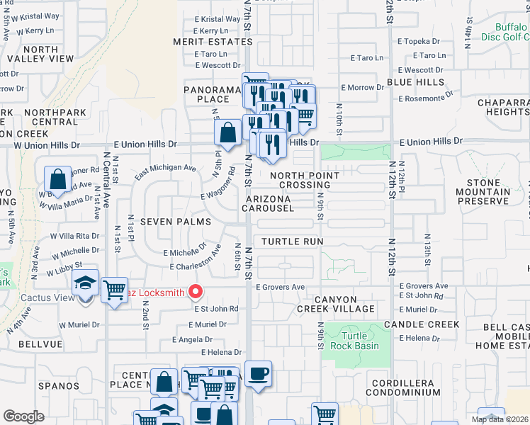 map of restaurants, bars, coffee shops, grocery stores, and more near 706 East Michelle Drive in Phoenix