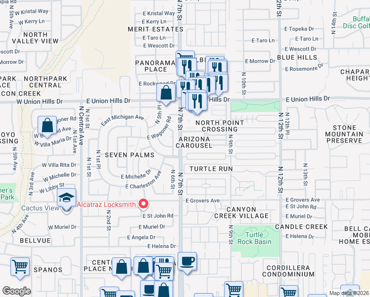 map of restaurants, bars, coffee shops, grocery stores, and more near 706 East Villa Rita Drive in Phoenix