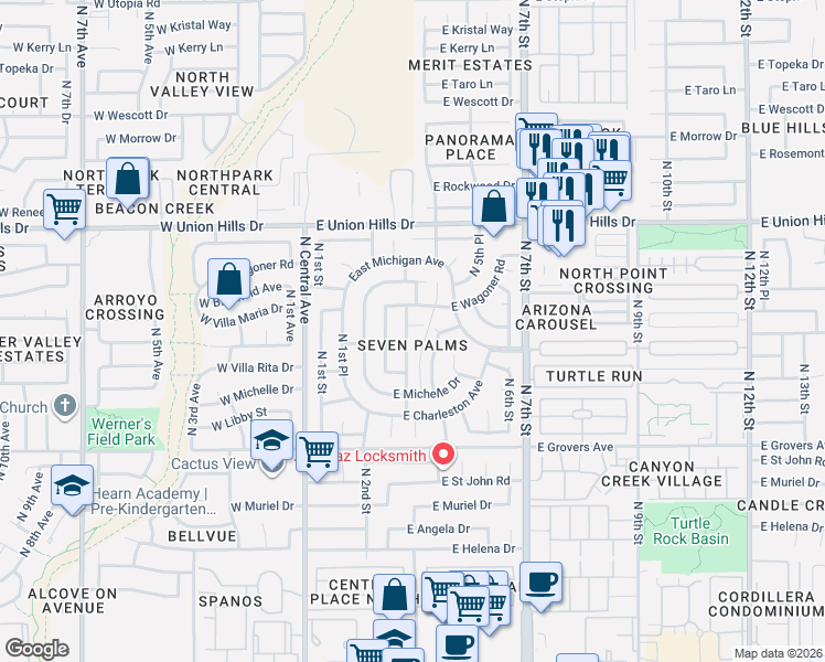 map of restaurants, bars, coffee shops, grocery stores, and more near 18048 North 3rd Place in Phoenix